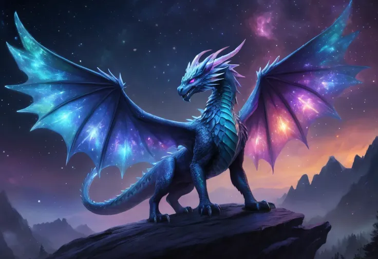 ethereal fantasy concept art of a bioluminescent serpentine Wyrm, two icey wings, arrow-tipped tail, dark multi colored nebula night sky in the background, . magnificent, celestial, ethereal, painterly, epic, majestic, magical, fantasy art, cover art, dreamy,