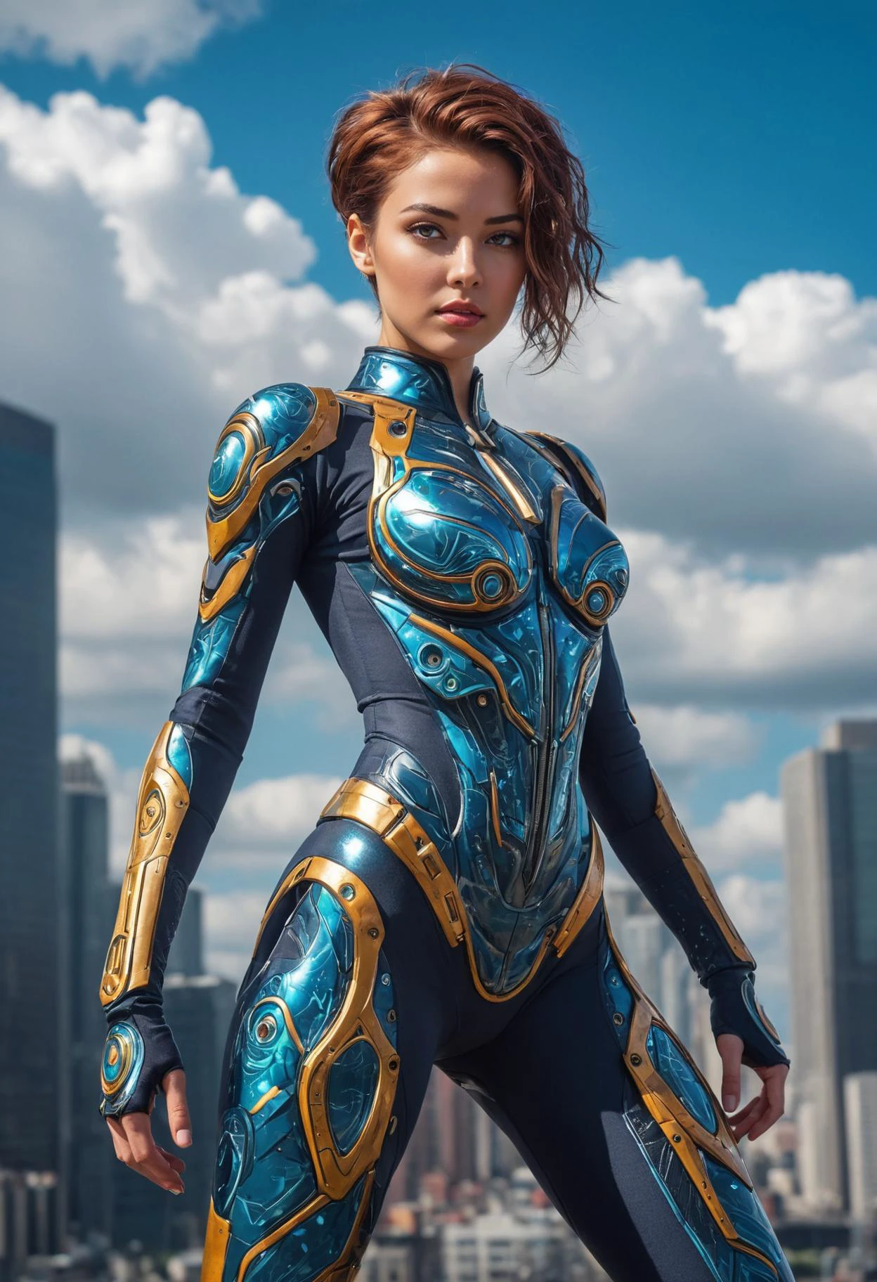 elegant cinematic action pose, intricately detailed decopunk techsuit made of biomechanical circuit elements, thigh gap, magnificent clouds, epic vibrant futuristic megacity, captivating eye contact, short hair, dynamic lighting