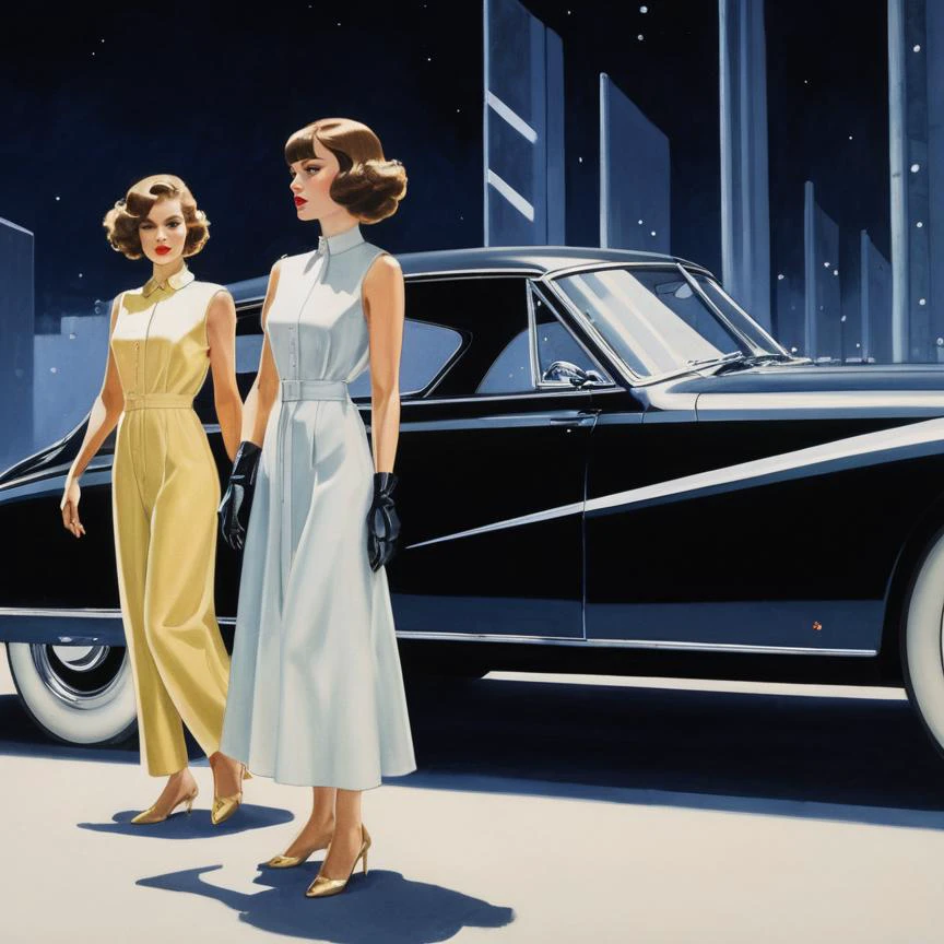 (medium closeup of a man and woman with blunt bangs  in loose sleeveless smock, looking at  viewer, fashion model :1.3) standing next to (1938 Phantom Corsair concept car:0.7), decopunk noir ink drawing by Nicolas de Stael, Skottie Young, Yoji  Shinkawa, Joan Miro ,hyper detailed, intricate, poster, artstation, Night,  low  wide angle, [streamline moderne|art deco], , massive scale background, soaring griffon sculptures,  volumetric light,  offset, rocket trails in the distance,  floodlights, crowded buildings, clock tower, and skyscrapers in background,