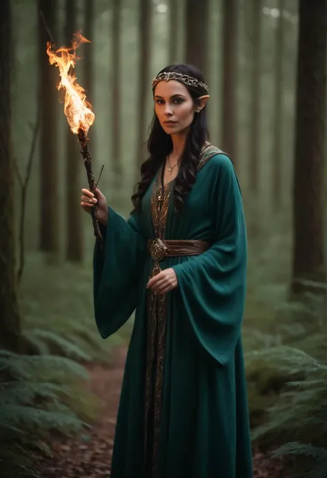 cinematic film still An elven warlock in the heart of an enchanted forest, wearing home spun a robe, holding an twisted ancient staff, conjuring arcane spells, runes in the air. She summons elementals to her side. A graceful dance of magic, born from her lips, this warlock commands the itself. . shallow depth of field, vignette, highly detailed, high budget, bokeh, cinemascope, moody, epic, gorgeous, film grain, grainy,