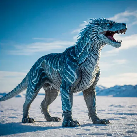 cinematic film still a scifi frozen earth streamlined Coatl, Envision a futuristic ice age where a magnificent a scifi frozen earth streamlined Coatl thrives. Majestic and sleek, this sci-fi adaptation appears perfectly adapted to survive in subzero temperatures, boasting insulating layers of snow-white feathers and razor-sharp icicles doubling as defensive armor. Glowing azure eyes emit an ethereal light source, illuminating the bleak terrain as it glides effortlessly across the frozen wasteland. Streamlined curves replace traditional bulky frames, enabling efficient locomotion through dense snowdrifts. Combining elements of Aztec mythology and science fiction, this inventive interpretation pays homage to both genres while presenting a fresh take on post-apocalyptic fauna. . shallow depth of field, vignette, highly detailed, high budget, bokeh, cinemascope, moody, epic, gorgeous, film grain, grainy,
