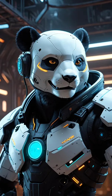 Cyborg cyberpunk panda,
ASCII Masterpiece, (cosy), (ultra high res, mj,best quality,highly detailed:1.5),(cinematic),(volumetric lighting, volumetric shadows:1.5),Amazing, (8k details),(photorealistic:1.4), (warm lighting,ray tracing,dynamic lighting, pixar character,pixar style,Future Technology Lab, cool,wearing headphones,cool,noen lights,Spaceships, interstellar voyages, holographic maps, cool smile,