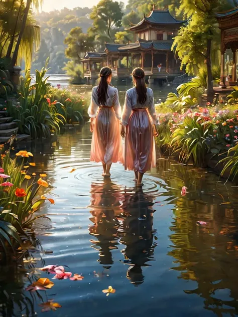 2girls,(masterpiece:1.2),best quality,multicolored,masterpiece,best quality,((an extremely delicate and beautiful)),floating,(detailed wet clothes),(detailed light),feather,nature,(sunlight),river,floating palace,beautiful and delicate water,(bloom),(shine),panorama,landscape,