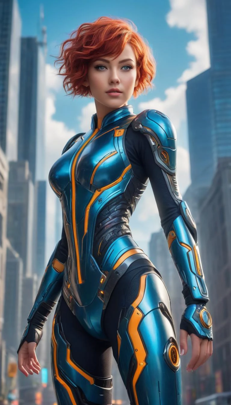 elegant cinematic action pose, intricately detailed decopunk techsuit made of biomechanical circuit elements, thigh gap, magnificent clouds, epic vibrant futuristic megacity, captivating eye contact, short hair, dynamic lighting