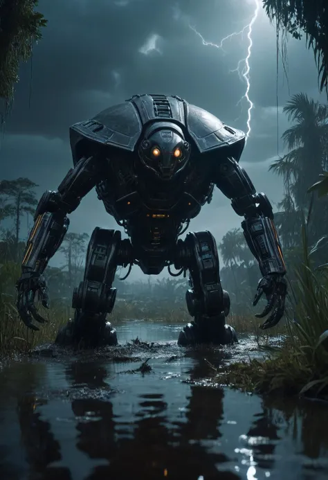 cinematic film still In a shadowy swamp under dark and foreboding sky, a cybernetic augmented turtleman, blending seamlessly within its otherworldly alien swamp. Biomechanical marvels coexist harmoniously among alien flora, pulsating neon luminescent plants flicker amidst the thunderous lightning storm. This bleek landscape echoes both organisms and machinery, merging eerily beautiful realms of future and fantasy alike, style of Chris Cold, style of Ed Emshwiller, style of Yasushi Nirasawa, SimplePositiveXLv2, . shallow depth of field, vignette, highly detailed, high budget, bokeh, cinemascope, moody, epic, gorgeous, film grain, grainy