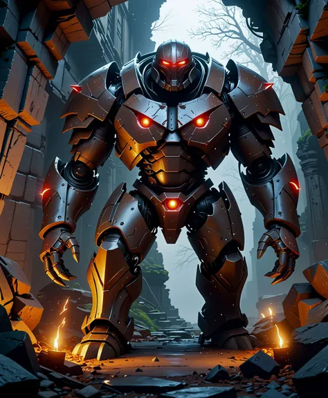 (from Below:1.1) iron golem fantasy style, huge, monstrous, red luminous runes, rust, cave, ruin, ultra detailed, intricate details