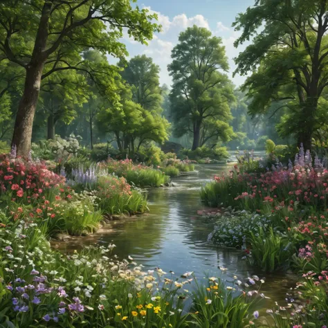 masterpiece, best quality, a photo of beautiful detailed landscape with river flowers and trees, photorealistic, realistic, professional, highly detailed,