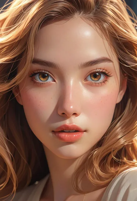 anime artwork portrait of a unique breathtaking and beautiful woman face close-up, stunning detail, hyper detailed eyes, detailed skin with a flawless texture delicate and refined, a flirtatious smirk on her face, smooth hair elegantly draped around her neck, fullness of her lips, graphic t-shirt, dynamic pose against a darkened background, captured in masterful composition, lighting accentuate her natural beauty, rim lighting, gentle shadows and highlights, incredible skill and attention to detail, nuance and detail, supersharp focus, hyperdetailed, soft light, sharp, masterclass, style of Hsiao Ron Cheng, style of Pino Daeni, style of Jonny Duddle, . anime style, key visual, vibrant, studio anime, highly detailed,
