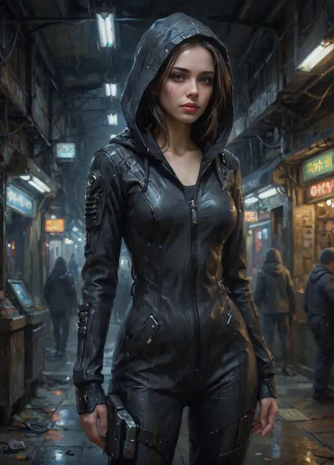 cybernetic style macabre style apocalyptic science fiction mature female at a underground tech bazaar, wide shot and full body, dimly lit at night, brown and gray streaked hair, large dimly lit mechanical eyes, haggard and exhausted expression, wearing a cybernetic hooded jumpsuit, <lora:ClassipeintXL2.1:0.6> oil painting, . dark, gothic, grim, haunting, highly detailed, . futuristic, technological, cybernetic enhancements, robotics, artificial intelligence themes,