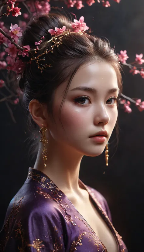 natural skin. High contrast, vibrant colors, embedding:, extremely large detailed eyes, style of Guweiz, style of Siya Oum, vibrant,
stunningly beautiful, crisp, detailed, sleek, ultramodern, magenta highlights, dark purple shadows, high contrast, cinematic, ultra detailed, intricate, professional
masterpieces, best quality, 1girl, beautiful, realistic, long hair, plum blossom, jewelry, ear rings, hair bun, chinese clothes, headpiece, ultra detailed skin texture, ultra detailed hair, blurry background, depth of field, (branch:1.2), gloom, golden ratio,
very aesthetic, absurdres,
glowing, sparks, chromatic aberration, fusion of rainbow with woman, artwork, side view, 18yo, bare shoulders, fantasy art style,The dark atmosphere, the contrast between light and dark,Dark background, illumination,