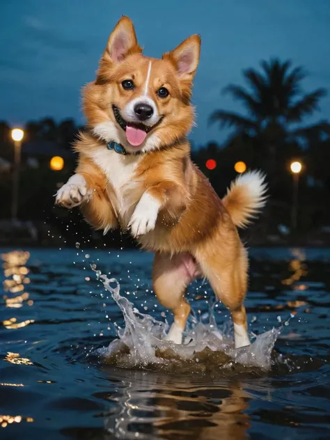 A dog jumping in the water. hackercore, accent lighting, low shutter. colorful [(polaroid:0.9)::8] with vibrant colors, vacations, selective focus, bright flash photo, (poor quality photo:1.2), (low-light:1.1), (national geographics:1.3), (casual photo:1.4)