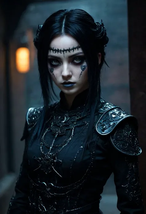 gothic style As night falls, a cybergoth shadow assassin lurks in the ancient Chinese courtyard, her every move calculated and deliberate. Her integrated systems gleam a soft neon glow under the dim light, a stark contrast to her dark attire. Mapinguari DNA courses through her veins, granting her superior strength and agility. With a cautious, threatening expression, she assesses her surroundings, aware of the slightest noise that could alert potential prey or enemies. Her eyes seem to glow with an eerie light, revealing nothing but a calculating stare. A true cybergoth at heart, she revels in the challenge of operating silently in the shadows, waiting patiently to strike when least expected. . dark, mysterious, haunting, dramatic, ornate, detailed,
