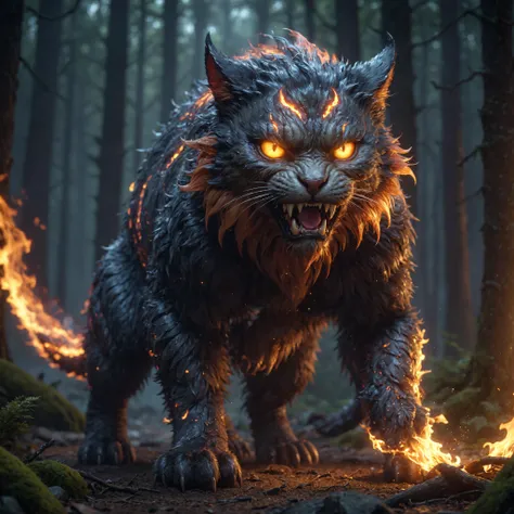 A scary fire monster cat creature in a dark forest, professional 3D character design,  dynamic pose, expert character design, engaging storytelling, captivating visuals, imaginative concept, high-quality rendering, volumetric, 4k