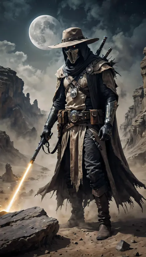 macabre style tusken raider gunslinger, wearing a cowboy hat, near a rock outcropping in the badlands, dust cloud, moonless night, high contrast, <lora:DarkGrimFantasyXL:0.3> drkms, futuristic, . dark, gothic, grim, haunting, highly detailed,