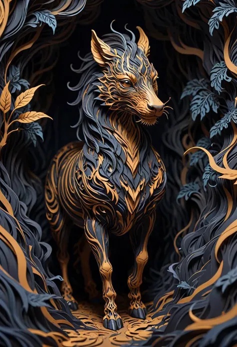 Thick layered papercut art of linquivera kylin, bold lines, hyper detailed, a dark warm limited palette, chiaroscuro, <lora:linquivera:0.8>, liiv1, . Deep 3D, volumetric, dimensional, depth, thick paper, high stack, heavy texture, tangible layers