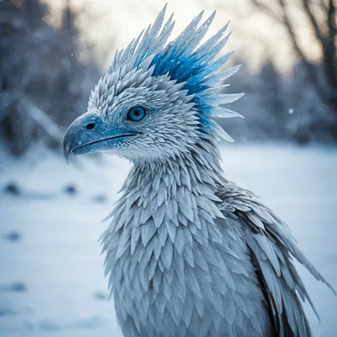 cinematic film still a scifi frozen earth streamlined Coatl, Envision a futuristic ice age where a magnificent a scifi frozen earth streamlined Coatl thrives. Majestic and sleek, this sci-fi adaptation appears perfectly adapted to survive in subzero temperatures, boasting insulating layers of snow-white feathers and razor-sharp icicles doubling as defensive armor. Glowing azure eyes emit an ethereal light source, illuminating the bleak terrain as it glides effortlessly across the frozen wasteland. Streamlined curves replace traditional bulky frames, enabling efficient locomotion through dense snowdrifts. Combining elements of Aztec mythology and science fiction, this inventive interpretation pays homage to both genres while presenting a fresh take on post-apocalyptic fauna. . shallow depth of field, vignette, highly detailed, high budget, bokeh, cinemascope, moody, epic, gorgeous, film grain, grainy,