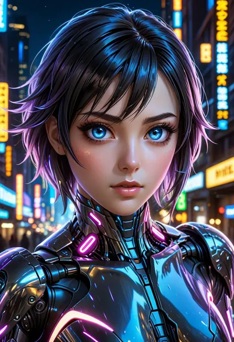 anime artwork cybernetic robot, breathtaking In this breathtaking world of Battle Angle at night, ral-ledlights Alita comes to life in a stunning adaptation, natural skin. Running towards the viewer, she commands attention, revealing every curve and line of her lean athletic form. Her charming and determined expression. The neon lights that bathe her in a warm glow. She maintains the same cool composure that made her such an iconic character. High contrast, vibrant colors, embedding:, extremely large detailed eyes. The overall effect is a stunning image that captures the style of Chris Cold and Jason Edmiston, <lora:ral-ledlights:0.3>, . anime style, key visual, vibrant, studio anime, highly detailed