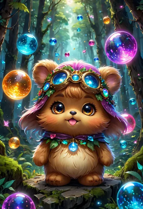 kawaii style an ewok mystic, enchanted forrest, colorful ethereal orbs floating in the air, <lora:SDXLFaeTastic2400:0.3>, <lora:huge_anime_eyes:0.4> huge anime eyes, . cute, adorable, brightly colored, cheerful, anime influence, highly detailed