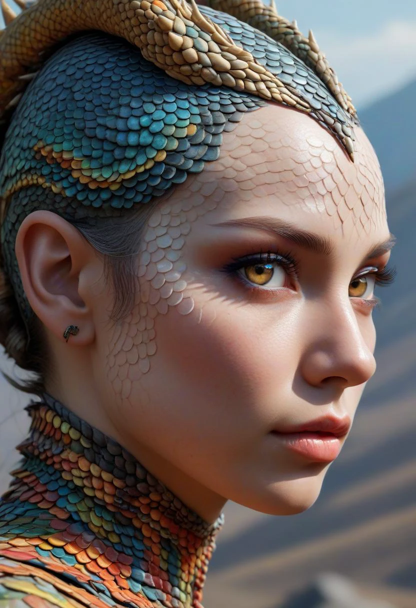 Surrealist art stunning young woman, human dragon hybrid, extreme close-up, covered in multicolored matte reptile scales as skin, striking reptilian eyes, dragon horns. Bald except a braided pony tail, she exudes confidence and strength, her expression conveying a sense of power and grace. Rugged mountain terrain in the background. style of Fenghua Zhong, style of Raymond Swanland, style of (Greg Rutkowski:0.8), <lora:dvrscls:0.4> dvrscls, covered in scales, made of scales . Dreamlike, mysterious, provocative, symbolic, intricate, detailed
