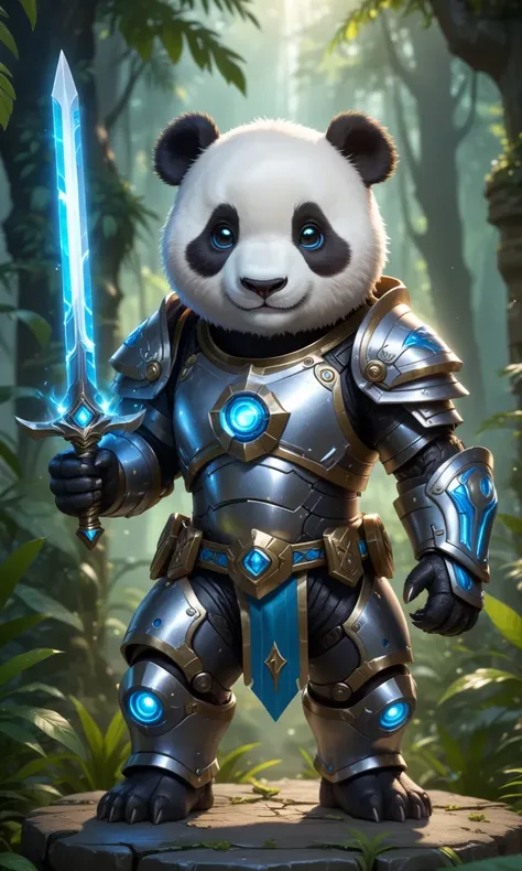 a super cute anthro humanoid male giant panda chibi knight, wearing mech armor, wielding glowing sword, helmet, fantasy jungle temple in background