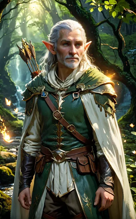 a old-aged, seasoned veteran Elves ranger on a journey of long resistance, An elf wearing a leather tunic and a shining white gold silk hood cloak that reflects light and holding an elf bow, Mirkwood, The background is a forest landscape with beautiful trees, a stream and glowing fireflies, full shot, cinematic lighting, dramtic Scene,High quality 3D rendering, fantasy, Pixar 3D character design style
<lora:xl_more_art-full_v1:0.8>, <lora:Dreamyvibes artstyle SDXL - Trigger with dreamyvibes artstyle:0.8> Dreamyvibes Artstyle