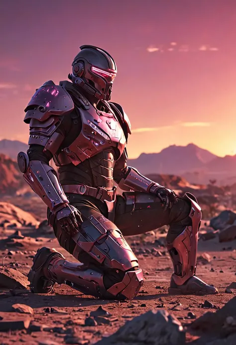 zPDXL, 1 warrior alone in a battlefield, knee on the ground, ((synthwave neon armor)), (((weapons on the ground))), synthwave sunset, intricate detail, 4K, cinematic