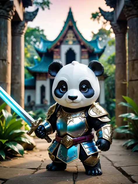 A super cute anthro humanoid giant panda chibi knight, wearing armor, wielding glowing sword, helmet, fantasy jungle temple in background, eyes, breathtaking, colorful [(polaroid:0.8)::8] with vibrant colors, vacations, selective focus, european film, (sexual advance:1.7), (poor quality photo:1.1), low-light, national geographics
