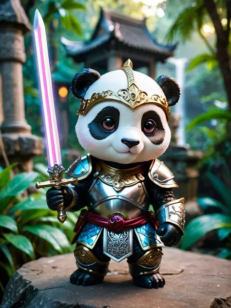 A super cute anthro humanoid giant panda chibi knight, wearing armor, wielding glowing sword, helmet, fantasy jungle temple in background, eyes, breathtaking, colorful [(polaroid:0.8)::8] with vibrant colors, vacations, selective focus, european film, (sexual advance:1.7), (poor quality photo:1.1), low-light, national geographics