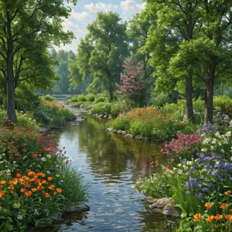 masterpiece, best quality, a photo of beautiful detailed landscape with river flowers and trees, photorealistic, realistic, professional, highly detailed, 