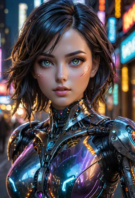 cybernetic robot breathtaking In this breathtaking world of Battle Angle at night, ral-ledlights Alita comes to life in a stunning adaptation. Running towards the viewer, she commands attention, revealing every curve and line of her lean athletic form. Her charming and determined expression. The neon lights that bathe her in a warm glow. She maintains the same cool composure that made her such an iconic character. High contrast, vibrant colors, embedding:, extremely large detailed eyes. The overall effect is a stunning image that captures the style of Chris Cold and Jason Edmiston, <lora:ral-ledlights:0.3>,. android, AI, machine, metal, wires, tech, futuristic, highly detailed,