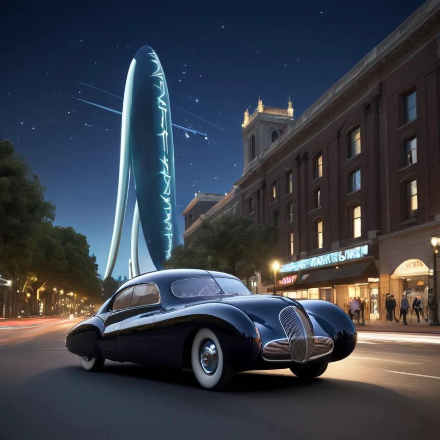 photography in the style of detailed hyperrealism, Nicolas de Stael, Skottie Young, Yoji  Shinkawa, Joan Miro ,hyper detailed, intricate, poster, artstation, Night,  low  wide angle, [streamline moderne|art deco],  (half length shot of a man and woman with blunt bangs  in loose sleeveless smock, looking at  viewer, model :1.3) ,[1938 Phantom Corsair ]concept car, massive scale, soaring griffon sculptures,  volumetric light,  offset, rocket trails in the distance,  floodlights, crowded buildings, clock tower, and skyscrapers in background,   monorails