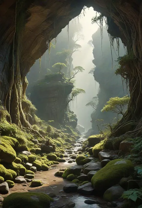 Alien-themed rugged canyon walls, stream in bottom, hidden ancient shrine, alien fauna, atmospheric perspective, sunbeam, light mist, bold earth tones, moss and vines, lichen, . Extraterrestrial, cosmic, otherworldly, mysterious, sci-fi, highly detailed