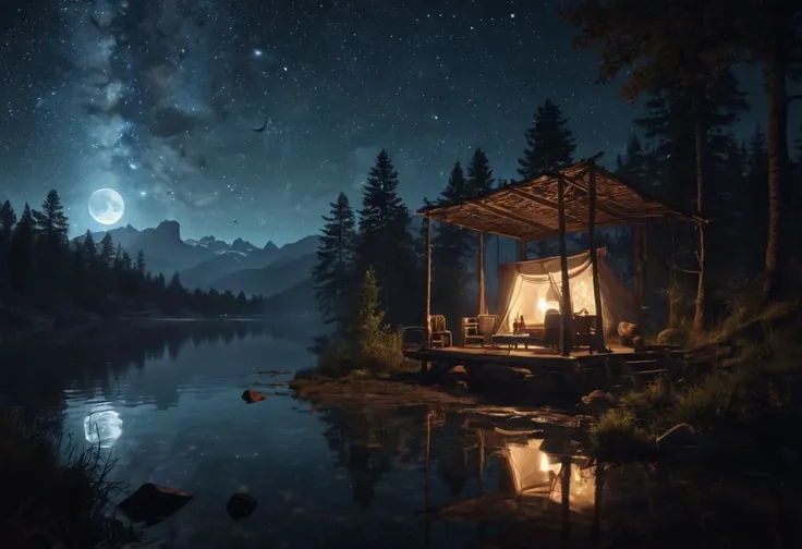 ASCII Masterpiece, (cosy), (ultra high res, mj,best quality,highly detailed:1.5),(cinematic),
Mythical Nightscapes, infused with elements of mysticism and fantasy, sky full of stars, wild camping, (fireflies:1.5)
, details intricate, hyperrealistic photography, 8K, night, full moon