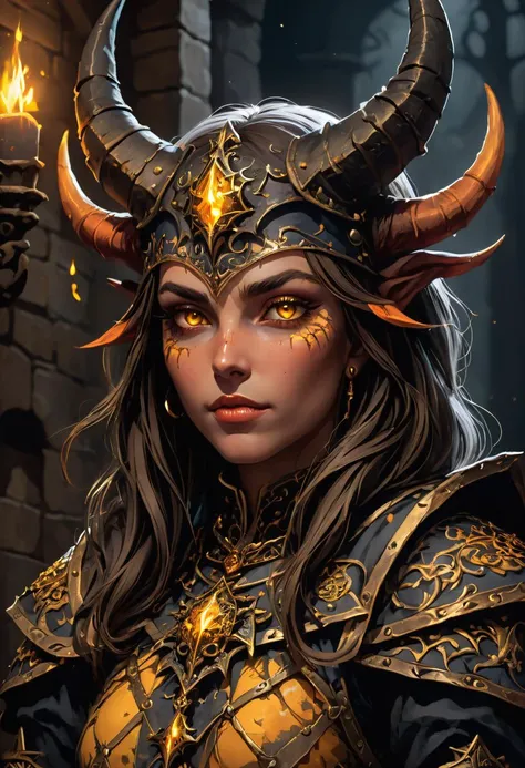role-playing game (RPG) style fantasy The depths of a medieval dungeon, looking into a cell, its rusty bars imprisoning a female demon clad in a striking outfit,with a cool calculating gaze her yellow eyes gleaming ominously in the dim torchlight, Her horns curve from her forehead, an extreme close-up, the bokeh effect isolates her face, intricate patterns on her clothing, subsurface scattering provides a startlingly realistic touch, style of Simon Bisley and Piotr Foksowicz, . detailed, vibrant, immersive, reminiscent of high fantasy RPG games