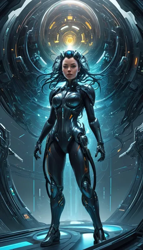 biomechanical style Prepare a visually arresting sci-fi concept art piece, earth's most accomplished quantum entangled cosmonaut aboard her sentient spaceship, traversing wormholes to investigate strange anomalies threatening humanity's survival, encapsulate the psychedelic space warps and time distortions experienced during faster-than-light travel in an otherwise cold, sterile vacuum. Feature intricate machinery, luminescent displays, and advanced alien species encountered along the way. Utilize abstract expressionism combined with hyper-realistic rendering to convey the disorienting and often paradoxical nature of quantum physics. Balance serene tranquility with explosive energy, channeling influences from Salvador Dalí and Roger Dean to generate a surreal journey transcending dimensions. Ensure that every minute detail pops with crystalline clarity and intensity, suitable for large format printing or eye-catching desktop wallpaper. . blend of organic and mechanical elements, futuristic, cybernetic, detailed, intricate