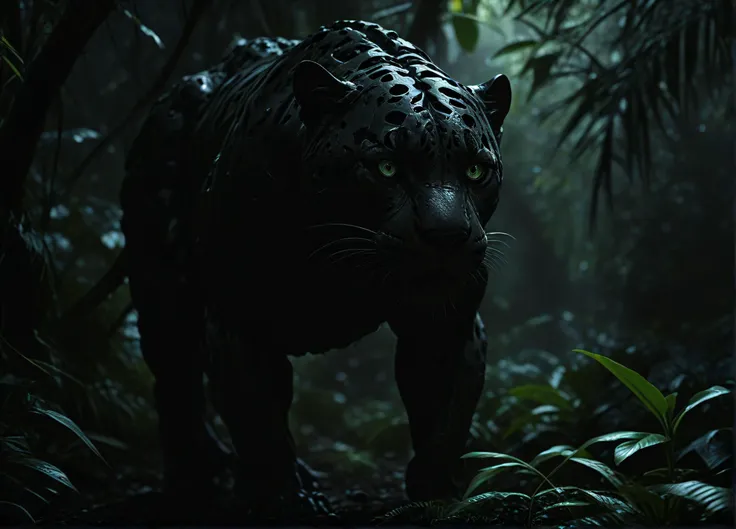 biomechanical cyberpunk black jaguar emerging from deep shadows in a jungle paradise, angry,  spots barely visible, cool and inviting lighting, jaguar spots barely visible, bokeh, <lora:- SDXL - vant_blk_contrast_V2.0:0.8> . cybernetics, human-machine fusion, dystopian, organic meets artificial, dark, intricate, highly detailed