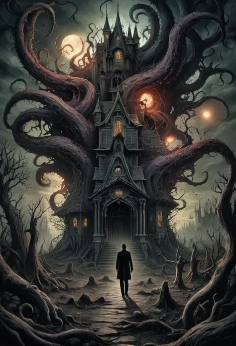 lovecraftian horror Uncover the twisted tale of obsessive love and destruction in this hauntingly beautiful piece, inspired by the unmistakable style of Tim Burton. With its ultra-realistic imagery and intricate detail, this masterpiece transports you to a world where despair and longing collide in a spectacular explosion of emotion. Featuring an agonized antihero, consumed by his own tortured desires, the scene crackles with tension as he utters the chilling words, 'If I can't have you my love, I'll destroy you!' As dust particles catch the light and film grain adds a layer of nostalgic authenticity, the image leaps from the page, inviting you to explore its many hidden corners. Shot in breathtaking 8K resolution with wide-angle precision and shallow depth of field, this stunning work of art is sure to leave a lasting impression. . eldritch, cosmic horror, unknown, mysterious, surreal, highly detailed
