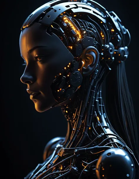 dark silhouette of a mesmerizing beautiful cybernetic robot woman, from side, looking at viewer, natural human head, natural skin, suspended components, fiber optic neural network connected to head, confident expression, focused expression, backlight, dark theme science fiction background, sharp focus,