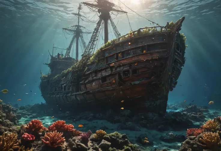 ASCII Masterpiece, (cosy), (ultra high res, mj,best quality,highly detailed:1.5),(cinematic),
(underwater:1.6), wooden ship-wreck, rainbow fishs, glowing, sunray, noon, sunlight, corals
, details intricate, hyperrealistic photography, 8K