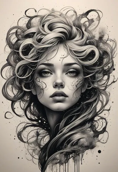 Monochrome (Ink illustration on parchment). Cosmic entity, swirling galaxies as hair, vibrant nebulae for eyes, dark void for skin, reaching out with glowing tendrils. Cosmic dust swirling around, neon ink colors blending seamlessly. seductive. Celestial beings. Glowing stars. Eternal embrace. Ink splashes, rough ink sketch, moody, gloomy, dark picture, high contrast, stylized. . Black and white, contrast, tone, texture, detailed