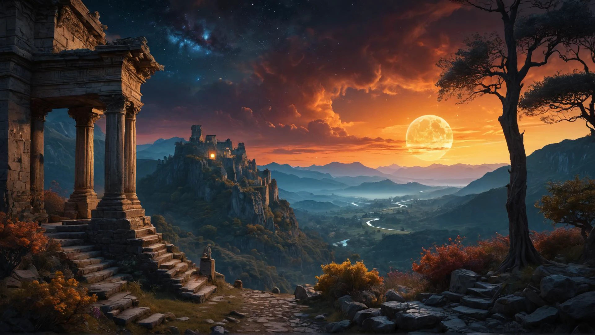 A mystical, extremely beautiful and detailed nighttime landscape, painted with vibrant, warm, and intense colors, governed by the rules of thirds, with a focus on the golden ratio, featuring a mysterious, otherworldly atmosphere, with glowing moons, twinkling stars, and wispy clouds, set amidst a landscape of ancient trees, mystical ruins, or mysterious mountains, with intricate textures and details, and a sense of enchantment and wonder, as if the viewer has stumbled into a magical realm. <lora:SDXLLandskaper_v1:0.5> <lora:aesthetic_anime_v1s:0.5>, [photography, realistic, photorealistic, 8k, highly detailed, cinematic lighting, intricate details, high resolution, award-winning,   correct focus, realistic, realistic lighting, highly detailed,  masterpiece]