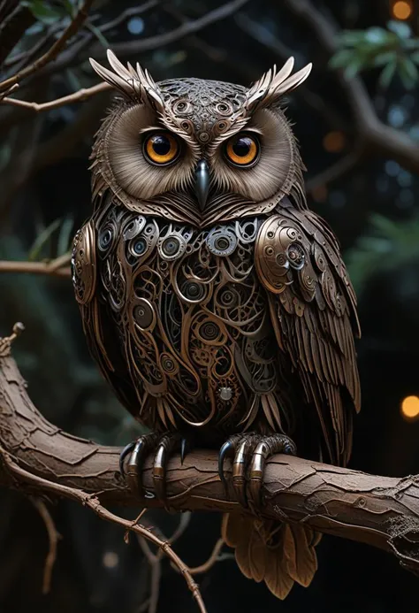 A stunningly intricate mechanical steampunk owl perches gracefully on a gnarled tree branch, veiled in darkness, its piercing gaze fixed directly upon the viewer. The creature's eyes are exquisitely detailed, reflecting the ethereal glow of a dark nebula that shimmers in the background. Soft bokeh adds an air of mystery to this captivating scene. <lora:- SDXL - vant_blk_contrast_V2.0:0.4>