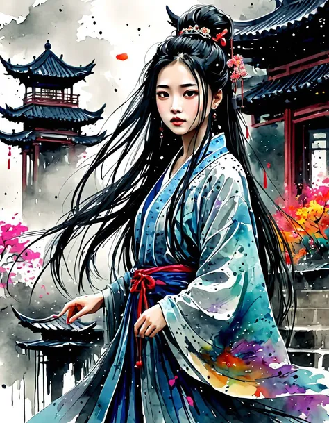 dramatic angle, (fluttered detailed ink splashs), (illustration),(((1 girl))),(long hair),(rain:0.6),(expressionless ,hair ornament:1.4),there is an ancient palace beside the girl,chinese clothes,(focus on), color Ink wash painting,(ink splashing),color splashing,((colorful)),[sketch], Masterpiece,best quality, beautifully painted,