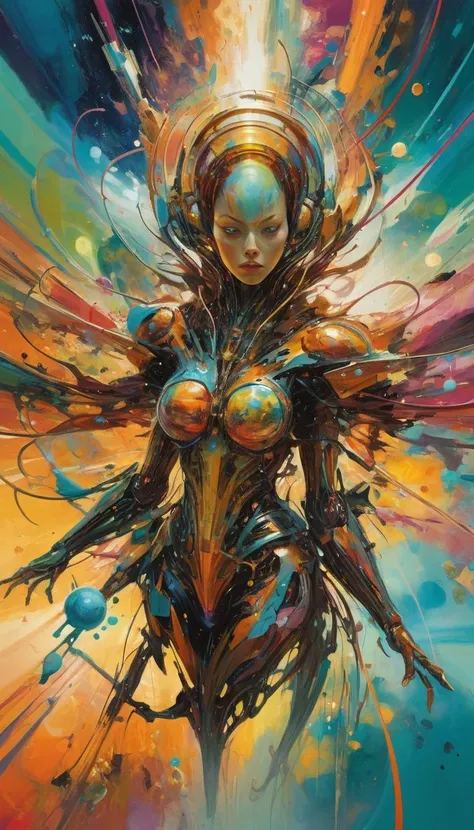 abstract expressionist painting Prepare a visually arresting sci-fi concept art piece, earth's most accomplished quantum entangled cosmonaut aboard her sentient spaceship, traversing wormholes to investigate strange anomalies threatening humanity's survival, encapsulate the psychedelic space warps and time distortions experienced during faster-than-light travel in an otherwise cold, sterile vacuum. Feature intricate machinery, luminescent displays, and advanced alien species encountered along the way. Utilize abstract expressionism combined with hyper-realistic rendering to convey the disorienting and often paradoxical nature of quantum physics. Balance serene tranquility with explosive energy, channeling influences from Salvador Dalí and Roger Dean to generate a surreal journey transcending dimensions. Ensure that every minute detail pops with crystalline clarity and intensity, suitable for large format printing or eye-catching desktop wallpaper. . energetic brushwork, bold colors, abstract forms, expressive, emotional