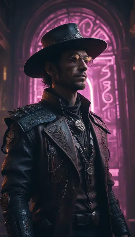 neonpunk style ancient jewish cyborg warlock, dutch angle and cowboy shot, ancient cyberpunk temple, gnarled features etched in wisdom., moody atmospheric perspective, beam of light, light rays, muted neon colors, <lora:Splash_Art_SDXL:0.3> mad-cbrpnksplshrt . cyberpunk, vaporwave, neon, vibes, vibrant, stunningly beautiful, crisp, detailed, sleek, ultramodern, magenta highlights, dark purple shadows, high contrast, cinematic, ultra detailed, intricate, professional