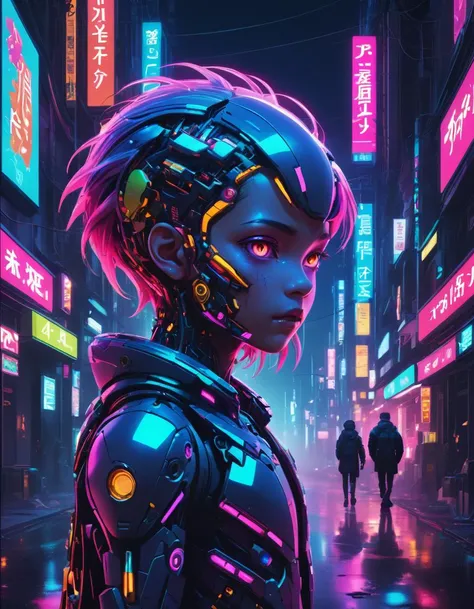 anime artwork cyberpunk cybernetic robot child, human head, multi-colored neon, flat black natural skin, visible spine, eerie twilight adding to the atmosphere of this scifi street, showcasing unique blend of organic and artificial elements, visually stunning with contrasting colors and textures, emphasizing the tension between the natural and artificial worlds in this cyberpunk scifi environment, . anime style, key visual, vibrant, studio anime, highly detailed,  <lora:SDXLFaeTastic2400:1>,