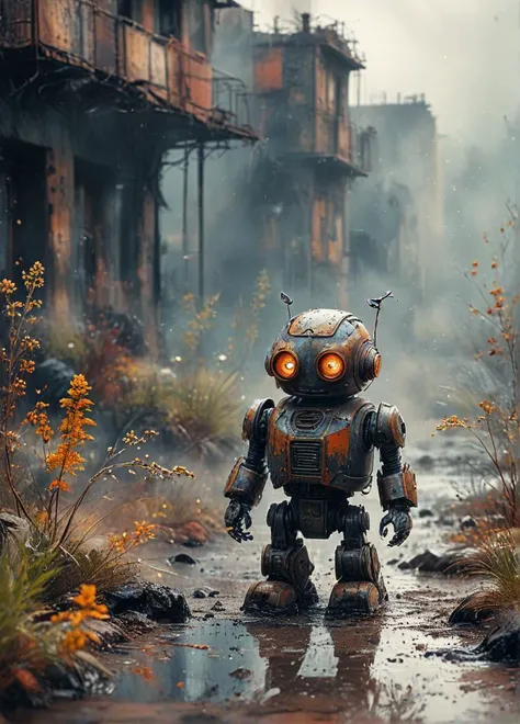 Dystopian style lonely tiny robot, rusty worn patina, hopeless forlorn expression, looking down, post-apocalypse cityscape, large piles of rubble, thick dark smoke, wet after rain storm, reflections, sunbeams, dark shadows, natural lighting, single wildflower expressing hope, bokeh, <lora:MO-80-2:0.8> ananmo . Bleak, post-apocalyptic, somber, dramatic, highly detailed
