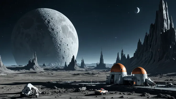 A retro-futuristic moonbase of wonder, where gleaming silver spires pierce the sky, and neon lights dance across the lunar surface, amidst a futuristic landscape of gleaming metal, glass, and crystal, with robots and androids scurrying about, and a sense of wonder and discovery that fills the air, where scientists and engineers toil to uncover the secrets of the moon's mysterious landscapes, and the promise of a new frontier beckons, [photography, realistic, photorealistic, 8k, highly detailed, cinematic lighting, intricate details, high resolution, award-winning,   correct focus, realistic, realistic lighting, highly detailed,  masterpiece]
