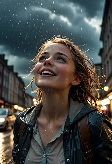 cinematic film still playful person, from below, 'dancing in the rain', playing and having fun, middle of the street, happy eyes, sunbeam, dark foreboding clouds,   
 <lora:Hyper-SDXL-8steps-lora:1.0> . shallow depth of field, vignette, highly detailed, high budget, bokeh, cinemascope, moody, epic, gorgeous, film grain, grainy