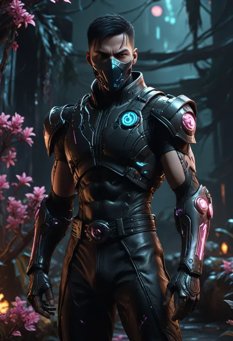 cyberpunk game style score_9, score_8_up, score_7_up,  mortal kombat character, full shot, a swirling gardens, arcane dota style, synth-leather jumpsuit
<lora:sdxl_lightning_8step_lora:1>,, rating_safe, . neon, dystopian, futuristic, digital, vibrant, detailed, high contrast, reminiscent of cyberpunk genre video games